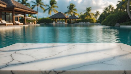 Aufkleber - Serene swimming pool with a marble table in the foreground, surrounded by palm trees and tropical scenery under a soft cloudy sky.