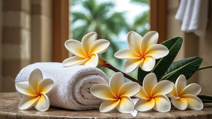 Poster - Elegant bathroom scene featuring white towels and vibrant frangipani flowers in soft yellow and white hues, arranged on a wooden surface.
