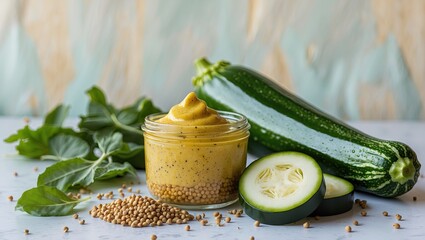 Poster - Homemade mustard in a glass jar with zucchini slices and mustard seeds on a white tabletop, green zucchini and leaves in the background.