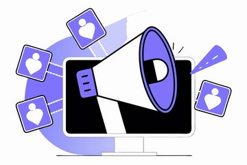 Poster - A digital illustration featuring a megaphone next to a computer screen, symbolizing online communication and social media engagement.