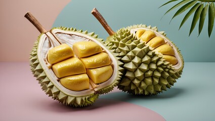Aufkleber - Cut durian fruit revealing yellow flesh placed on a pastel green and pink background with tropical leaves in a contemporary setting.