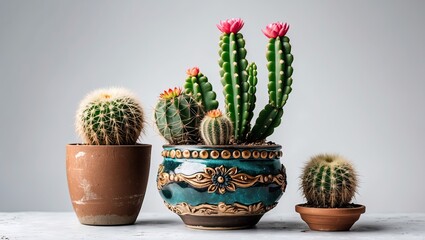 Poster - Vibrant decorative pots with assorted succulent cacti in green and earthy tones arranged on a light gray surface against a soft white background.