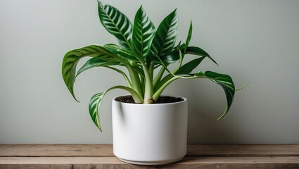 Poster - Lush green mother-in-law's tongue plant with variegated leaves in a modern white planter positioned on a wooden surface against a muted background.