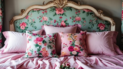 Aufkleber - Decorative feminine bed arrangement with floral pillows in shades of pink and blue, floral headboard, and soft pink bedsheets showcasing elegance.