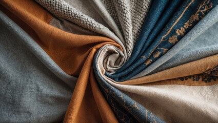 Fototapete - Swirling fabric texture in earthy tones of orange, blue, and beige with intricate patterns set against a soft background for a cozy vibe.