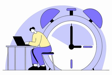 Poster - A person working on a laptop while sitting at a table, with a large alarm clock indicating the importance of time management.