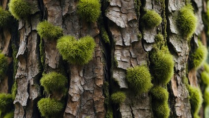 Poster - Close-up of textured tree bark covered in green moss with varying shades of brown and vibrant green patches, creating a natural earthy aesthetic.