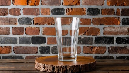 Leinwandbilder - Transparent glass on wooden slice in front of rustic red and black brick wall texture, creating a warm and inviting backdrop for presentations.