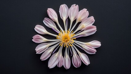Aufkleber - Delicate pink and white flower petals arranged in a circular pattern on a black background with ample negative space for text or design elements.