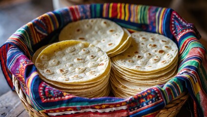 Poster - Handmade corn tortillas stacked in a vibrant woven basket adorned with colorful traditional fabric against a rustic wooden background.