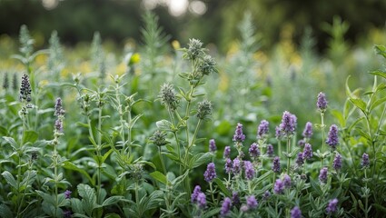 Poster - Lush green field of healing herbs with purple flowers in soft focus foreground and background, ideal for copy space and text placement.