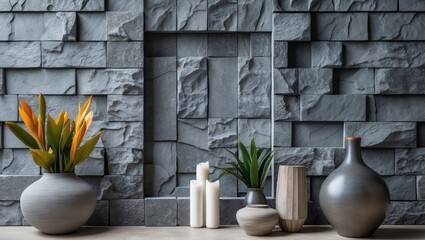 Poster - Gray decorative stone wall with textured patterns, positioned left, featuring three vases, lush green plants, and lit candles in neutral tones.