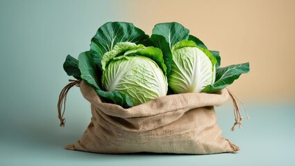 Poster - Fresh green Chinese cabbage in a burlap sack placed in the center against a soft pastel blue and beige background for a vibrant natural look.