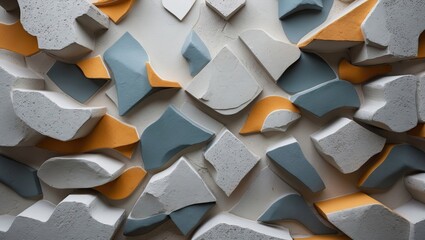 Leinwandbilder - Colorful abstract wall design featuring scattered geometric shapes in shades of gray, blue, and orange arranged in a dynamic close-up composition.