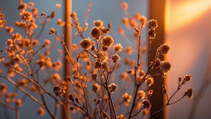 Poster - Dried floral arrangement illuminated by warm orange light casting soft shadows against a blue backdrop, creating a serene and nostalgic atmosphere.