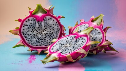 Poster - Sliced dragon fruit with vivid pink skin and black seeds on a soft pastel pink and blue gradient background showcasing vibrant colors and textures.