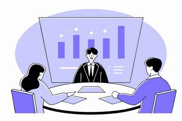 Poster - A professional meeting scene with a presenter discussing data trends using graphs, while two audience members engage in discussion.