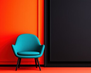 Poster - Bold Chromatic Minimalism Vibrant Teal Designer Chair Against High-Contrast Orange and Black - Contemporary Interior Styling for Creative Professionals