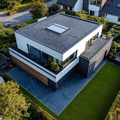 Aufkleber - aerial view of a modern house with flat roof, stone accents, manicured lawn, and lush green surround