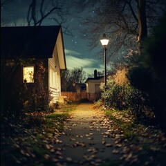 Aufkleber - A Tranquil Suburban Night: Starry Skies, Glowing Lamplight, and Leaf-Strewn Path Leading Home