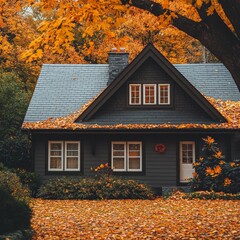 Poster - Autumnal Haven: A Cozy Home Embraced by the Warm Hues of Fall Foliage and a Carpet of Fallen Leaves.