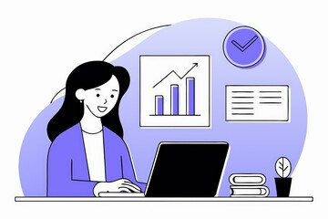 Poster - A woman works at a laptop with charts and a plant nearby, emphasizing productivity and data analysis in a modern office setting.