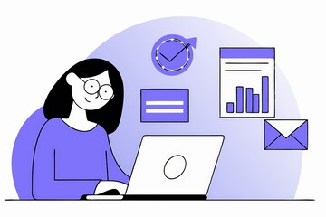 Poster - A woman with glasses works on a laptop, surrounded by charts, checkmarks, and email icons, illustrating productivity and digital communication.