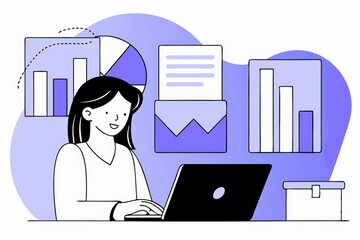 Poster - A woman works on a laptop surrounded by data visualizations and charts, highlighting productivity and analysis in a modern workspace.
