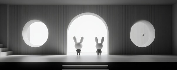 Fototapete - two stylized rabbits stand before a bright archway in a minimalist grayscale room, featuring circula