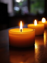 Poster - A cozy atmosphere created by three elegant candles flickering on a wooden table surface
