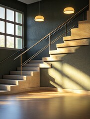 Poster - Captivating staircase bathed in natural light streaming through a window creating a warm ambiance