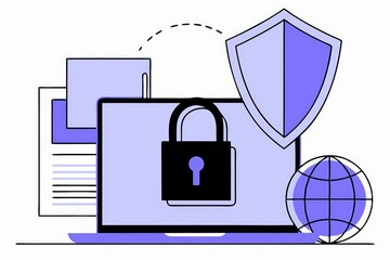 Poster - A digital illustration depicting a laptop with a padlock, shield, and globe, symbolizing cybersecurity and online safety.
