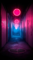 Poster - neon-lit alleyway with hanging lanterns, cyberpunk dystopian city vibes, steam rising from manholes,