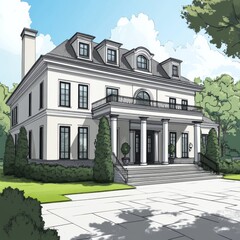Aufkleber - Elegant Two-Story House with Balcony, Dormers, and Landscaped Yard under a Blue Sky in an Architectural Illustration