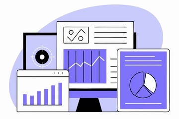 Poster - A digital illustration featuring multiple screens displaying charts, graphs, and data analysis elements in a modern design.