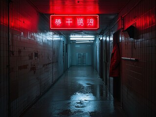 Poster - Dark alley illuminated by a single flickering neon sign, noir detective vibes, wet pavement reflecting soft glows, mysterious figure in a trench coat, atmospheric tension, deep shadows and rich
