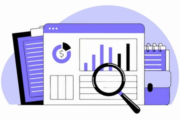 Poster - A digital illustration depicting a data analysis dashboard with graphs, charts, and documents, emphasizing financial insights and business strategy.