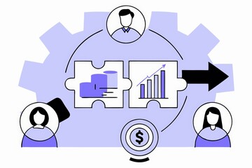 Poster - A graphic depicting a collaborative business environment with puzzle pieces, growth charts, and individuals interacting around a central dollar sign.