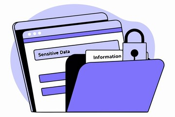 Poster - A digital illustration featuring a locked folder containing sensitive data, emphasizing information security and data protection.