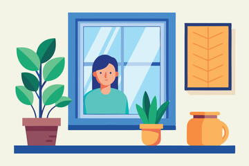 Aufkleber - Bright interior with window view showcasing potted plants and a framed picture on the shelf during day