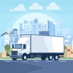 Poster - Moving truck on road carrying goods, urban scene with cityscape, boxes for delivery, shipping and transportation