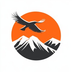 Poster - Soaring Eagle Over Mountain Peaks with a Bold Orange Sunset: Minimalist Nature Illustration
