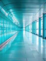 Poster - Long hallway with striking blue walls creating a unique perspective and sense of space and design