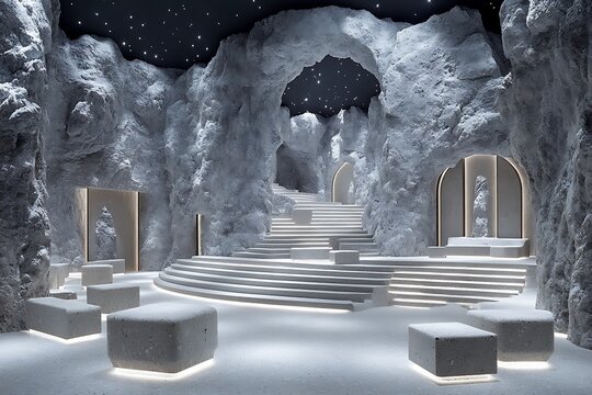An interior architectural rendering of a futuristic cave setting