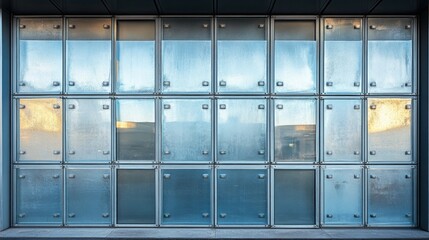 Poster - Bright reflections dance across a sleek glass facade, where droplets of moisture cling to the surface. The modern design enhances the minimalist aesthetic, capturing morning's tranquil ambience