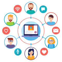 Poster - Multiple users engage with a central device showcasing profiles and notifications, illustrating a network of digital communication and interaction