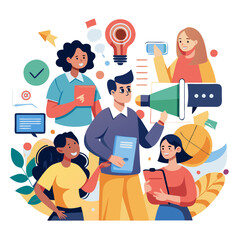 Poster - A group of individuals from diverse backgrounds interacts with various marketing materials, sharing ideas and insights in a vibrant, collaborative setting