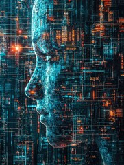 Poster - Woman in a futuristic city surrounded by skyscrapers and neon lights embracing technology and life