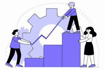 Poster - A collaborative illustration of three people working together to lift an upward arrow and gears, symbolizing growth and teamwork.