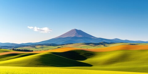 Poster - Sustainable Precision Agriculture Vibrant Geometric Landscape Showcasing Eco-Efficient Farmland Innovation with Volcanic Peak Backdrop - Climate-Smart Farming Visualization